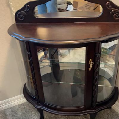 Dark Wood Curved Glass Lighted Curio Cabinet