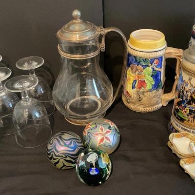 Vintage Silverplate Pitcher, Steins, Etched Sasaki Glassware, Murano Paperweights