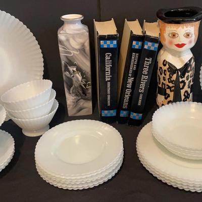 White Depression Glass Dinner Set, Cookbooks, and Vases
