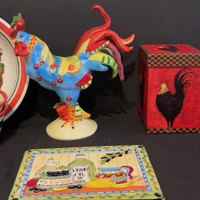 Poultry In Motion Rooster with Swirl Handpainted Bowls and Trivet