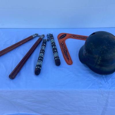 Nunchucks, Boomerang, And Helmet 