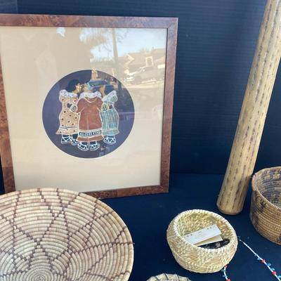 Native American Baskets, Rain Stick, Picture And Necklace