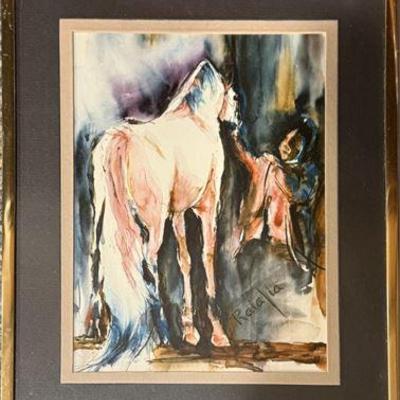 Lot 040  
Carol Ratafia White Horse and Rider Watercolor Print