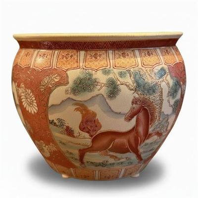 Lot 022-001   
Contemporary Satsuma Style Koi Bowl with Horse Design