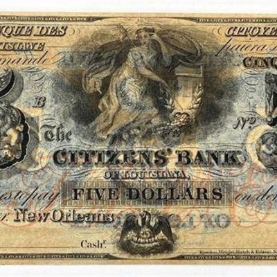 Lot 291   
19th Century Citizens Bank of Louisiana Five Dollar Note