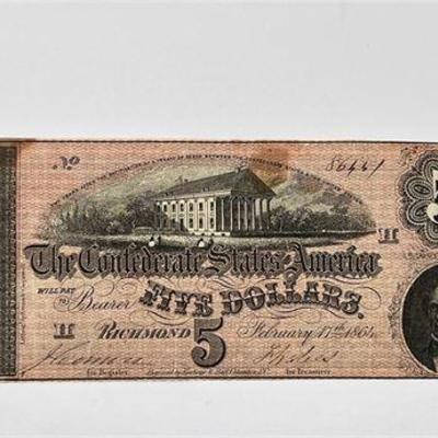 Lot 279  
Civil War 1864 Confederate Five Dollar Note CSA Currency