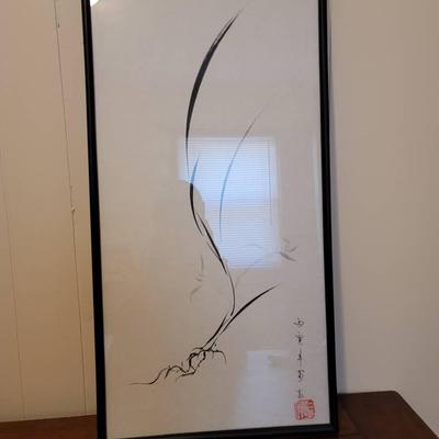 Japanese Sumi-e Orchid Painting - Signed and Framed 