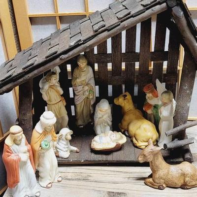Wood and Ceramic Vintage Nativity Scene