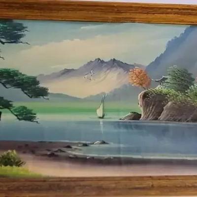 Canvas on Board Asian Lake Scene Hand Painted