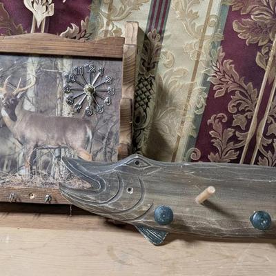 Sportsman's Lodge Decor - Clock/ Key Holder, Fish Coat Rack And Welcome Sign