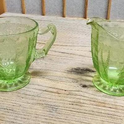 Green Cameo Ballerina Glass Cream and Sugar Bowls Vintage 