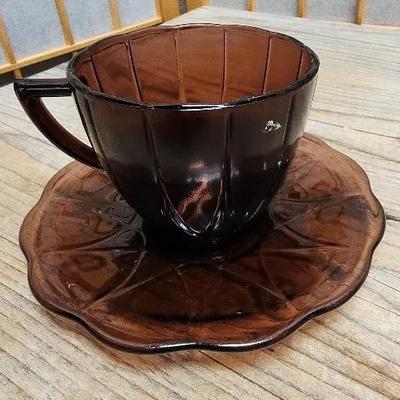 Hazel Atlas Amethyst Glass Cup And Saucer Vintage 