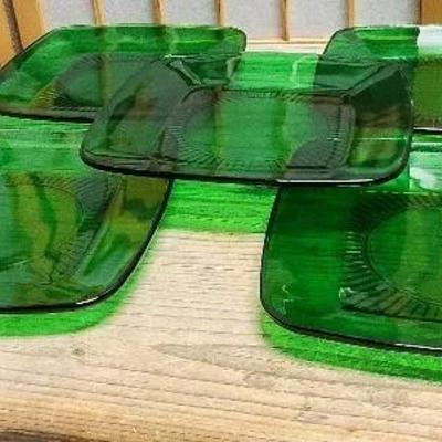 Anchor Hocking Forest Green Glass Dinner Plates Vintage 5pc Set