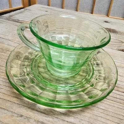 Green Vaseline Glass Block Optic Cup and Saucer Vintage 