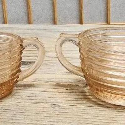 Pink Manhattan Depression Glass Cream and Sugar Bowls Vintage 