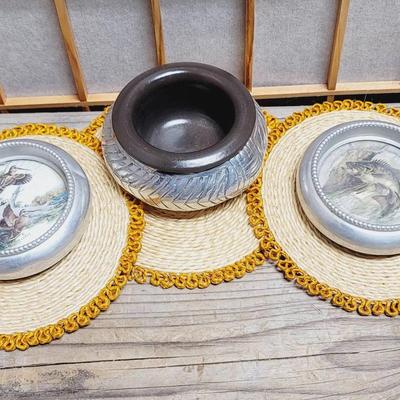 Vintage Coasters and Bowl - Aluminum Ceramic and Straw