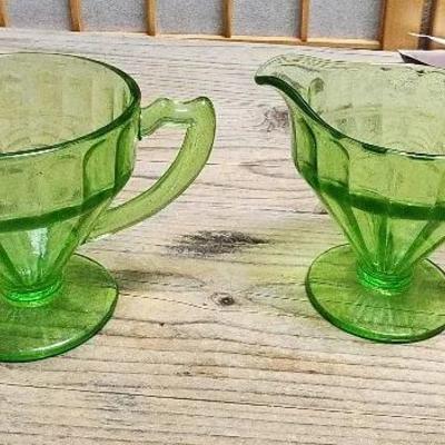 Green Depression Glass Cream and Sugar Bowls Vintage 