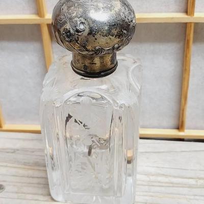 Etched Crystal Perfume Bottle - Stopper and Lid are Present