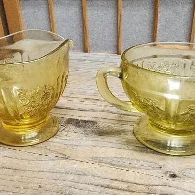Amber Federal Glass "Sharon/Cabbage Rose" Cream and Sugar Bowls Vintage 