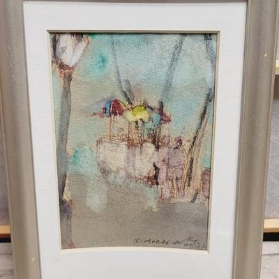 Small Park Vendor Scene Watercolor Signed Dated