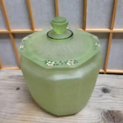 Green Glass Uranium Vaseline Princess Cookie Biscuit Jar with Floral Lid 