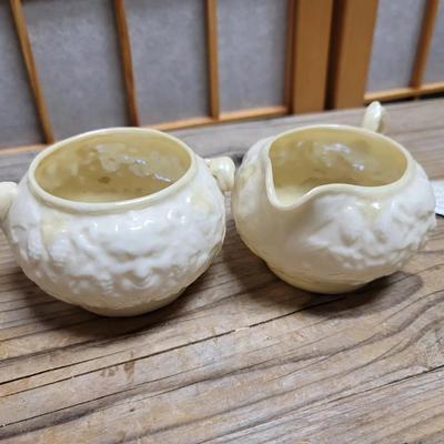 Belleek Creamer and Sugar Set Mask Pattern with Black Brand Stamp