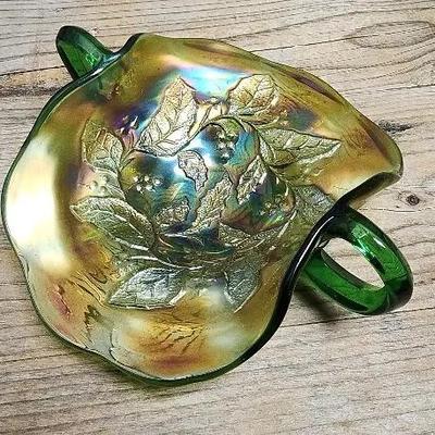 Green Millersburg Holly Whirl Incandescent BonBon Carnival Glass Dish Vintage 