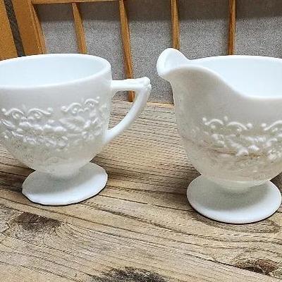 Indiana Milk Glass Orange Blossom Pattern Vintage Creamer and Open Sugar Bowl Set