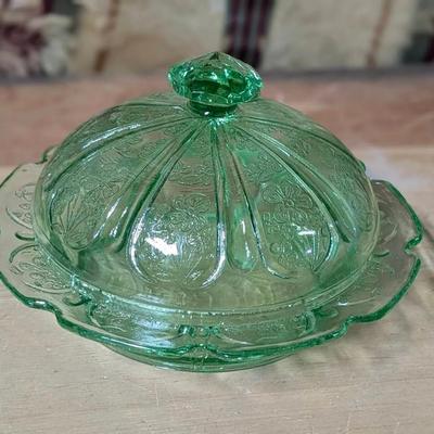 Green Cherry Blossom Pattern Covered Butter Dish Vintage 