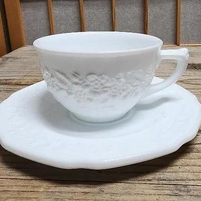 Indiana Milk Glass Orange Blossom White Cup and Saucer Vintage