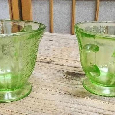 Federal Glass "Madrid" Pattern Green Cream and Sugar Bowls Vintage 