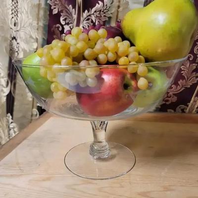 Clear Etched Glass Footed Fruit Bowl with Faux Fruit Centerpiece