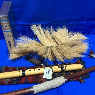 Folio Society North American Indians, Native American Headdress, Flute, & Walking Stick