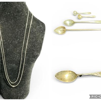 Sterling Silver Spoons, Pin, & Chains