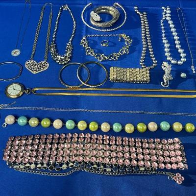 Necklaces, Pins, And Other Costume Jewelry With Pink Stone Belt