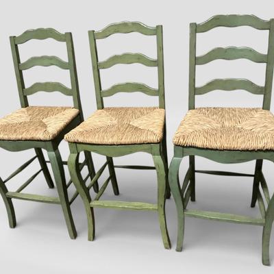 Set Of Three Green Distressed Bar Stools 29” Seat Height 