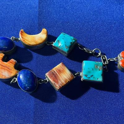 Sterling Silver Bracelet With Turquoise, Spiney Oyster, And Lapis 