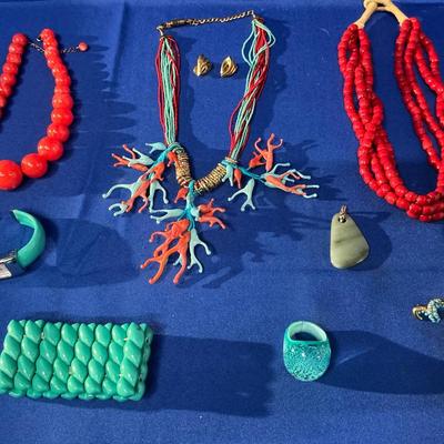 Coral And Teal Tone Jewelry And Blown Glass Coral Necklace 