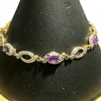 Gold Vermeil Sterling Silver Bracelet w/ Amethyst & Diamonds