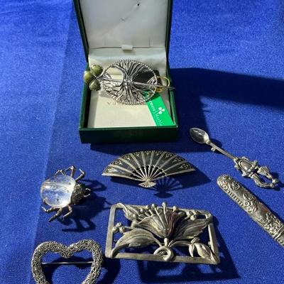 Sterling Silver Brooches, Kilt Pin And Toothpick Holder 