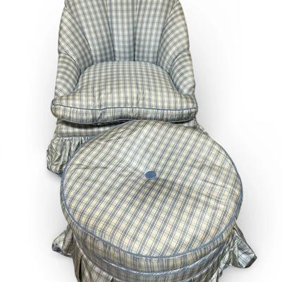 Silk Blend Blue And White Chair With Ottoman 