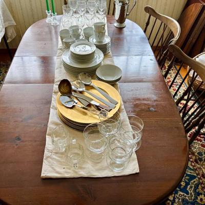Antique Oval Dining Table w/ extension leaves & pads, 6 chairs (Windsor-style beauties), and a gorgeous Persian wool rug beneath