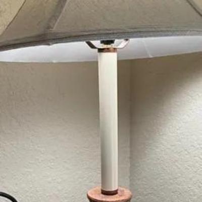 Set of two traditional carved table lamps with fabric shades