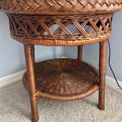 Round Wicker Accent Table with Lower Shelf