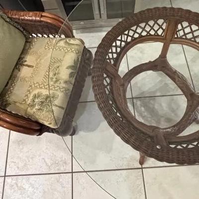 Wicker Armchair and Round Glass-Top Table Set