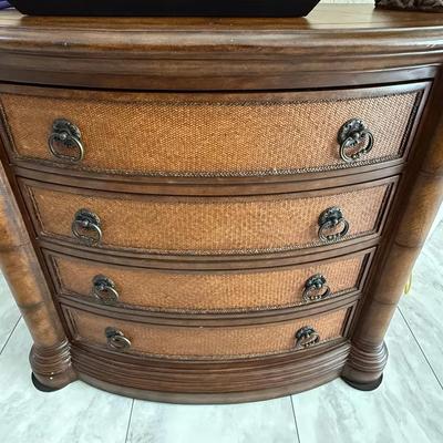 Curved Front Wood Cabinet with Woven Panel Doors and Drawers