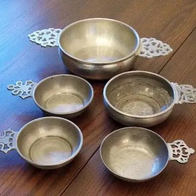 Vintage 5-Piece Pewter Porringer & Quaich Set | Ornate Pierced Handles | Colonial Revival Style