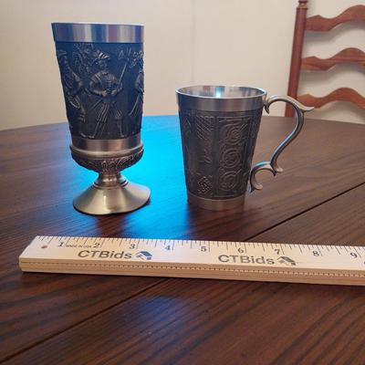 Mullingar Irish Pewter Lot: "Fighting Irish" 6" Goblet & Celtic 8oz Beaker