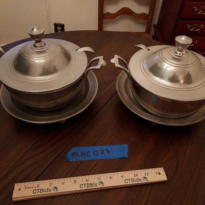 Pair of Vintage Pewter-Style Covered Tureens with Underplates and Ladles - 2 Sets