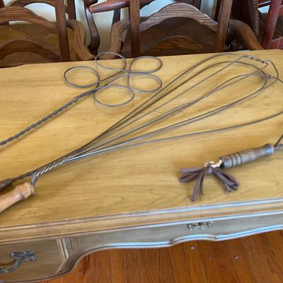 Antique Wrought Iron Hearth Lot - Rug Beaters, Heart Trivet & Fireplace Grate